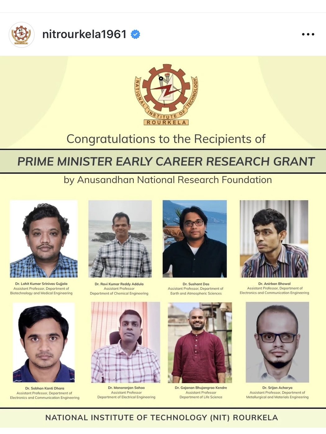 PM Early Career Research Grant, announced by the institute