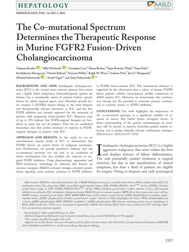 First page of the paper: The co-mutational spectrum determines the therapeutic response in murine FGFR2 fusion-driven cholangiocarcinoma