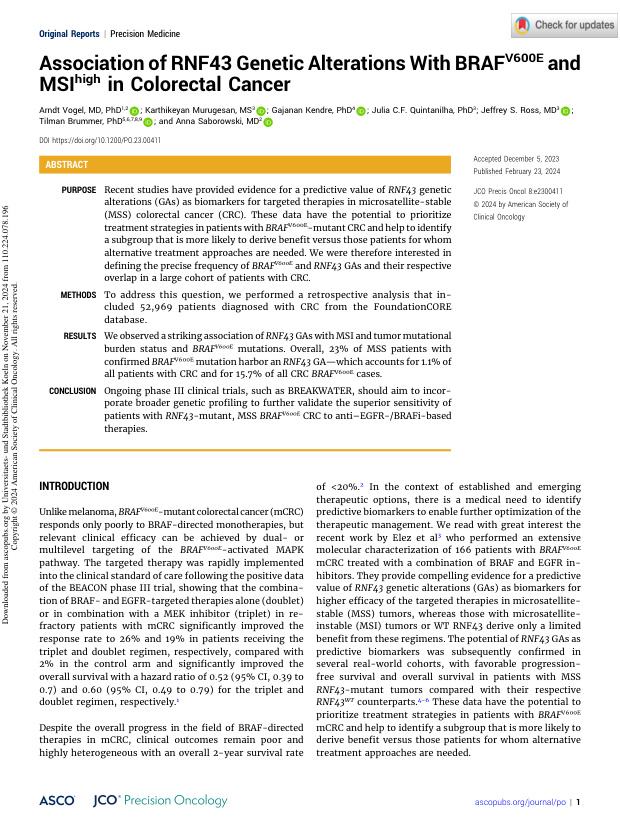 First page of the paper: Association of RNF43 genetic alterations with BRAF V600E and MSI-high in colorectal cancer