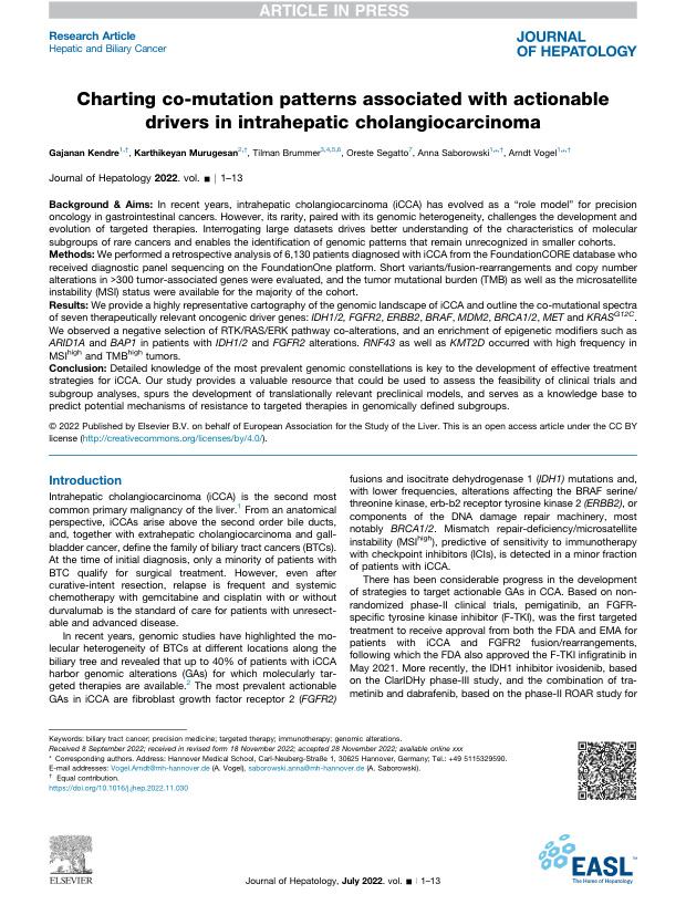 First page of the paper: Charting co-mutation patterns associated with actionable drivers in intrahepatic cholangiocarcinoma